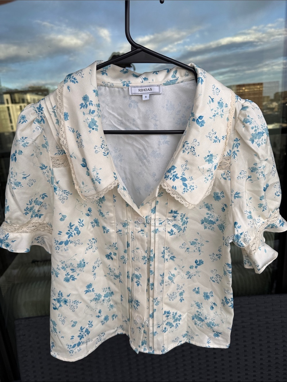 RIHOAS Cream Blouse with Blue Floral Print